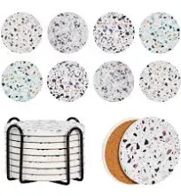 Set of 8 round Terrazzo Ceramic Coasters with Holder and Cork Base, Housewarming