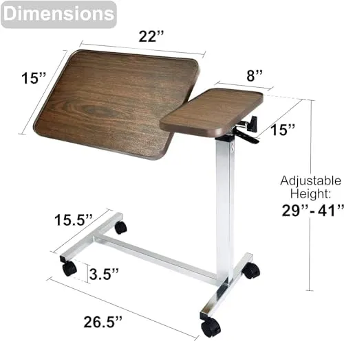 Vaunn Medical Adjustable Tilt Overbed Bedside Table with Wheels for Hospital ...