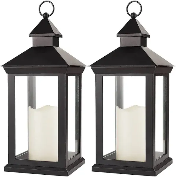 14" Lanterns Decorative Indoor, Black Lantern Decor with Timer Flameless Candle, Vintage Farmhouse Outdoor Lanterns, Waterproof Hanging Lantern for Patio, Porch, Entryway, Centerpieces