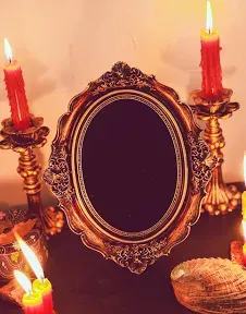 Nosadi Black Scrying Mirror Witchcraft Mirror Scrying Tools Altar Kit Supplies Divination Decorative Mirror Oval Antique Dark Gold 8.3" W X 10" L