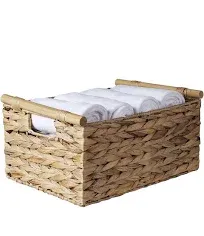 Natural Water Hyacinth Storage Baskets for Organizing Small Wicker Baskets With Handles, Woven rectangle Baskets for Storage Baskets for Shelves, Large Rectangular Towel Basket