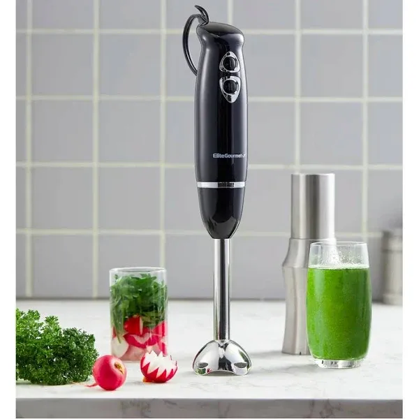 Elite Gourmet EHB1015 Immersion Hand Blender 500 Watts 2 Speed Mixing with Stainless Steel Blades, Detachable Wand Stick Mixer, Smoothies, Baby Food, Soup, Black