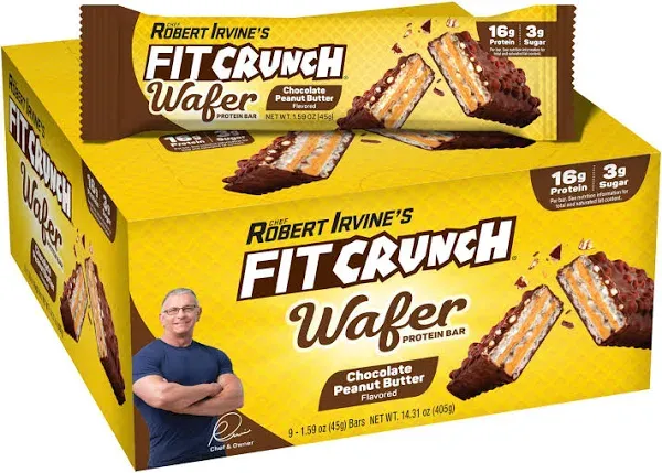 FITCRUNCH Wafer Protein Bars, Designed by Robert Irvine, 16g of Protein & 3g of Sugar (9 Bars, Chocolate Peanut Butter)