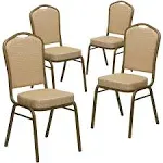 Set of 4 Dining Chair, Padded Seat & Crown Back, Beige Lattice Fabric/Gold