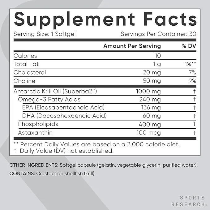 Sports Research Antarctic Krill Oil Omega 3 Softgels 1000mg (Double Strength) with Phospholipids, Choline & Astaxanthin - Sustainably Sourced, Non-GMO Verified & Gluten Free - 30 Capsules