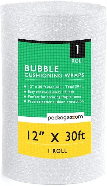 Packagezoom 1 Pack 12 Inch x 30 ft. Bubble Cushioning Wrap Shipping Packing Moving Supplies Perforated Every 12” Bubble Cushioning Wrap for Packing