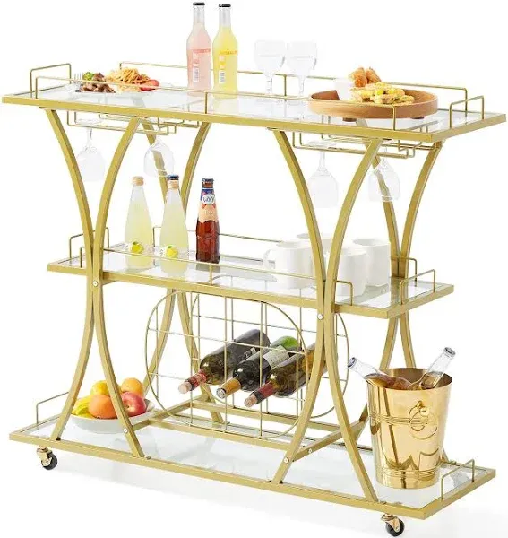 VEVOR 3 Tiers Gold Metal Bar Serving Cart with Wine Rack Glass Holder