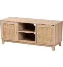 Baxton Studio Elsbeth Mid Century Modern Light Brown Finished Wood and Natural Rattan 2 Door TV Stand