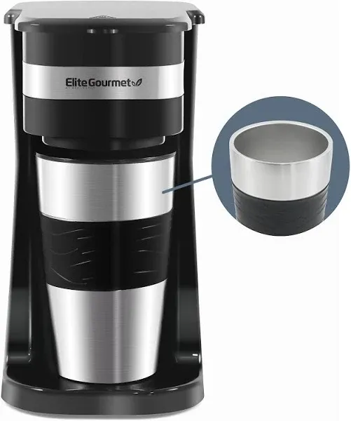 Elite Gourmet Single Serve Personal Coffee Maker with Stainless Steel Travel Mug