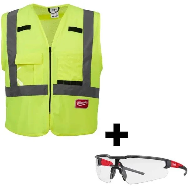 Milwaukee Small/Medium Yellow Class 2 High Visibility Safety Vest with 10 Pockets & Clear Safety Glasses Anti-Scratch Lenses