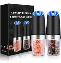 Gravity Electric Pepper and Salt Grinder Set, Adjustable Coarseness, Battery Powered with LED Light, One Hand Automatic