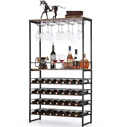 6-Tier Industrial Freestanding Wine Rack with Glass Holder &amp; Wine Storage, Wi...