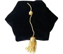 Grad Days Doctoral Graduation Tam Unisex Black Velvet 6-Sided with Gold Bullion Tassel Satin Silk Band