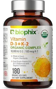 biophix Organic Vitamin D-3 K2 Turmeric 180 Vcaps - High-Potency Supports Strong Bones Immune Health