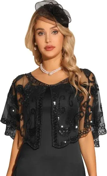 Allegra K Women's 1920s Shawl Wraps Sequin Beaded Bridal Cover Up Evening Cape Flapper Bolero