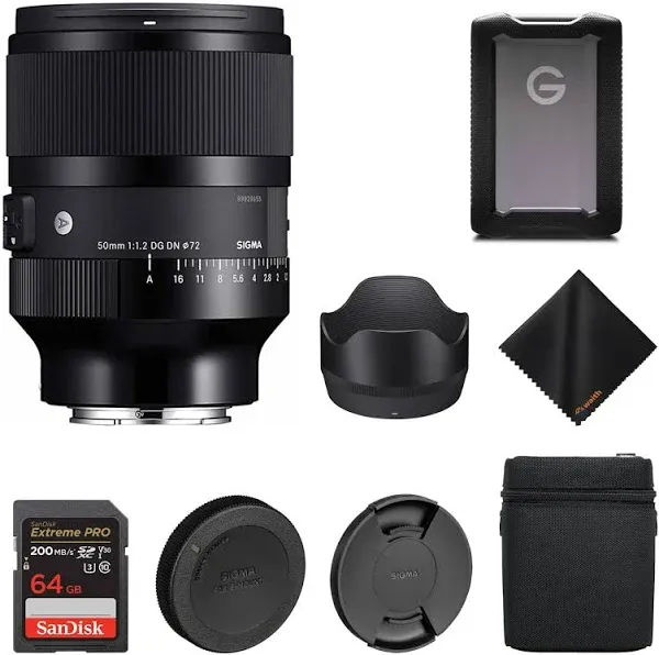 Sigma 50mm f1.2 DG DN Full Frame Art Lens for Sony E Mount with SanDisk 64GB Extreme PRO SDXC Memory Card, Waith Microfiber Cleaning Cloth and SanDisk 1TB G-Drive USB-C Gen 1 Hard Drive (Bundle Set)