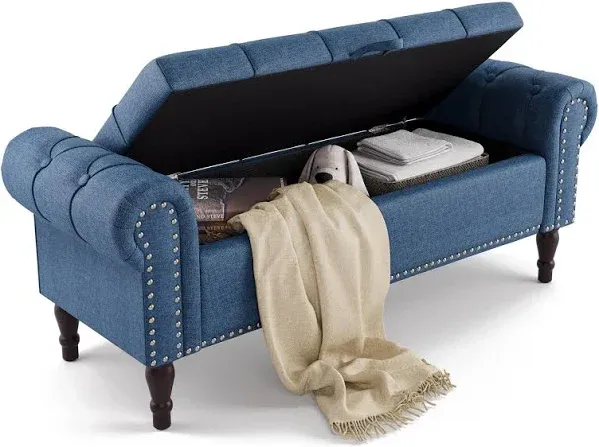 Storage Bench, 50” Queen Tufted Button End of Bed Bench with Rolled Arm and Nailhead Trim, Upholstered Bedroom Bench, Ottoman Bench for End of Bed, Living Room, Entryway, Dark Blue