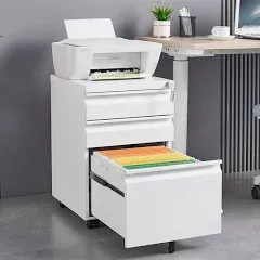 3-Drawer Mobile File Cabinet with Lock,Office Storage Filing Cabinet for Legal/Letter Size,Pre-Assembled Metal File Cabinet Under Desk,Printer Stand with Open Storage Shelves,(White)