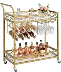 2 Tier Gold Bar Carts for The Home with 4 Wheels, White Marble Finish Wood Shelf, Wine