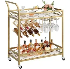 Gold Bar Cart, 3 Tier Bar Carts with 4 Wheels, White Marble Finish Shelf, Dri...