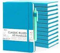 feela 12 Pack Notebooks Journals Bulk, Hardcover Notebook Classic Ruled Lined Journals with Pen Holder for Women Girls School Business Supplies, with 12 Black Pens, 120 GSM, 5.1”x8.3”, A5, Aqua