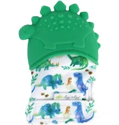 Itzy Ritzy Silicone Teething Mitt - Soothing Infant Teething Mitten w/Adjustable Strap, Crinkle Sound, Textured Silicone, Soothes Sore & Swollen Gums, Baby Teething Toy for 3 Mos & Up, Green Dinosaur