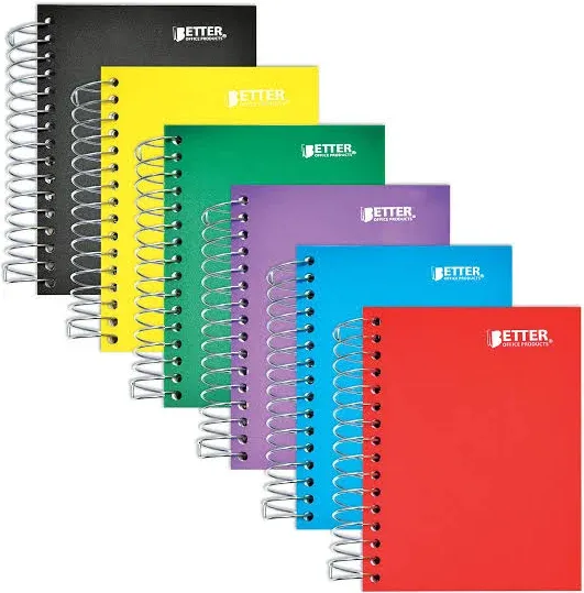 Better Office Products Fat Book Spiral Notebooks, 6 Pack, Small Notebooks with Poly Plastic Covers, 5.5 x 4 inches, 1-Subject, College Rule, 200 Sheets, 6 Assorted Primary Colors, 6 Count