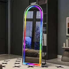 Koonmi RGB Arched Full Length Mirror, 63"x20" Full Body Mirror with LED Lights, Dimming & 7 Color Changing Lighting, Wall Mounted Hanging Mirror with Stand Free Standing Floor Mirror for Bedroom