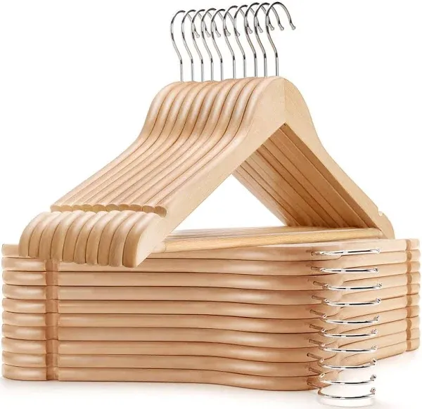 20 Pack Wooden Coat Hangers, Natural Wood Suit Hangers with Non Slip Pant Bar...