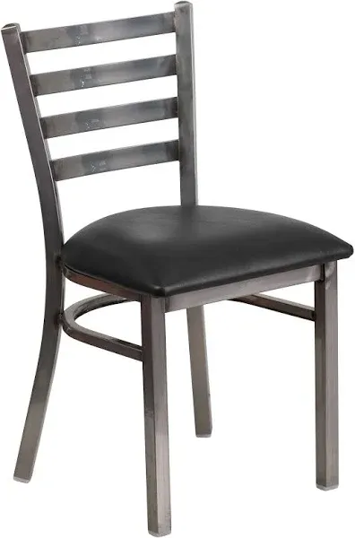 Clear Coated Ladder Back Metal Restaurant Chair with Black Vinyl Seat