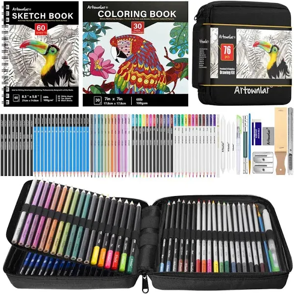 Artownlar 76 Art Set Drawing Supplies - Pro Sketching Kit for Artists Adults Teens Kids - Sketch Book, Coloring Book, Graphite, Charcoal, Watercolor, Metallic Colored Pencils in Gift Case