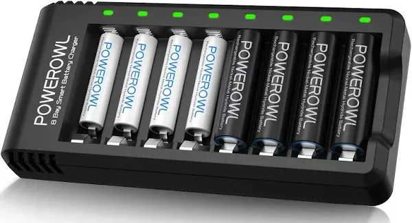 Rechargeable AA Batteries with Charger, Powerowl 8 Pack of 2800mAh High Capacity Low Self Discharge Ni-MH Double A Batteries with Smart 8 Bay Battery