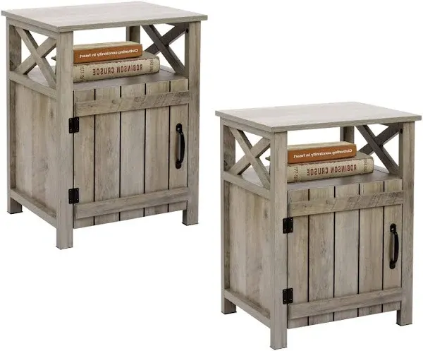 JAHRSTIM Farmhouse Nightstand Set of 2, Side Table, End Table w/Barn Door & Shelf, Rustic Farmhouse Nightstands Set, Modern Side Table End Table Night Stand for Bedroom, Living Room