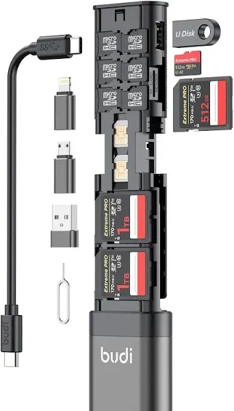 BUDI [Upgrade Model] Multifunctional 9 in1 SD Card Reader Cable and USB 3.0 TF/SD Type-C with OTG Adapter for iPhone Android Computer Memory Stick Plug Play, BLACK