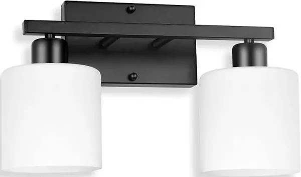 Bathroom Light Fixtures Over Mirror, Anti-Rust Matte Black Vanity Lights 15 Mid Century Modern 2-Light Wall Sconces, Milky White Glass Shades, E26 Standard Socket