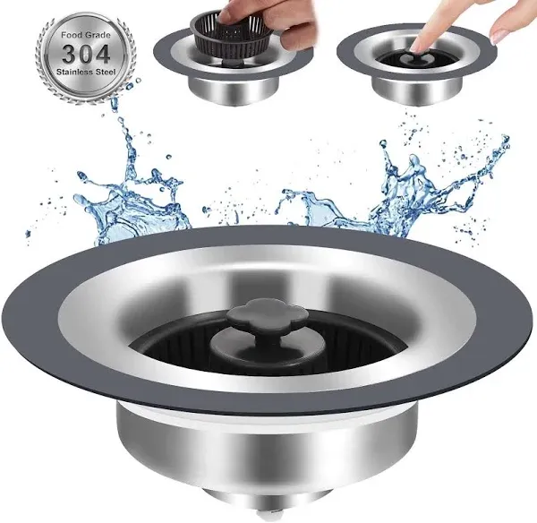 Upgraded 3 in 1 Kitchen Sink Drain Strainer and Stopper, Stainless Steel Kitchen Sink Shroom, Anti-Clogging Basket Strainer with Foldable Handle, Food Catcher for Standard 3-1/2 Inch Drain (1)