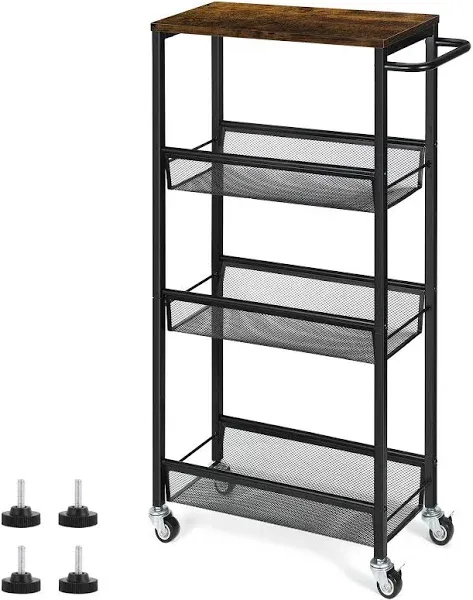 Slim Storage Cart  Narrow Rolling Cart  4 Tier Kitchen Rolling Cart with Handle and Lockable Casters  Metal Rolling Cart for Small Spaces  Bathroom  Laundry Room  Rustic Brown