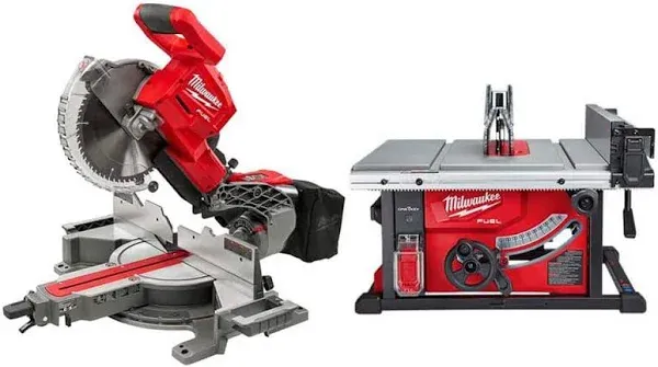 Milwaukee M18 Fuel 18V Lithium-Ion Brushless 10 in. Cordless Dual Bevel Sliding Compound Miter Saw with 8-1/4 in. Table Saw 2734-20-2736-20