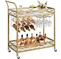 Gold 2 Tier Bar Cart with Wheels, Serving Cart, Wine Rack, Glass Holder, and Glass Holder