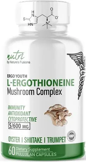 Nutri L Ergothioneine Supplements With Organic Mushroom Complex - 5mg L-Ergothioneine & 600mg Organic Mushroom Extracts, Organic Oyster, Organic Shiitake and Organic King Trumpet 600 mg- 60 Capsules