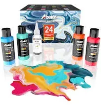 ABEIER Acrylic Pouring Paint, 2oz Bottles, Set of 24 Assorted Colors and Silicone Oil(1oz), Pre-Mixed, High Flow, Paint for Pouring on Canvas, Glass, Paper, Wood, Tile, Stones and More