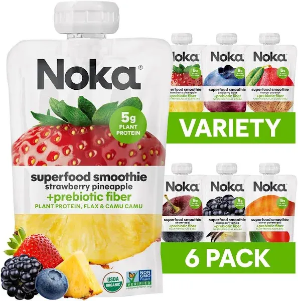 Noka Superfood Fruit Smoothie Pouches Variety Pack, Healthy Snacks with Flax Seed, Plant Protein and Prebiotic Fiber