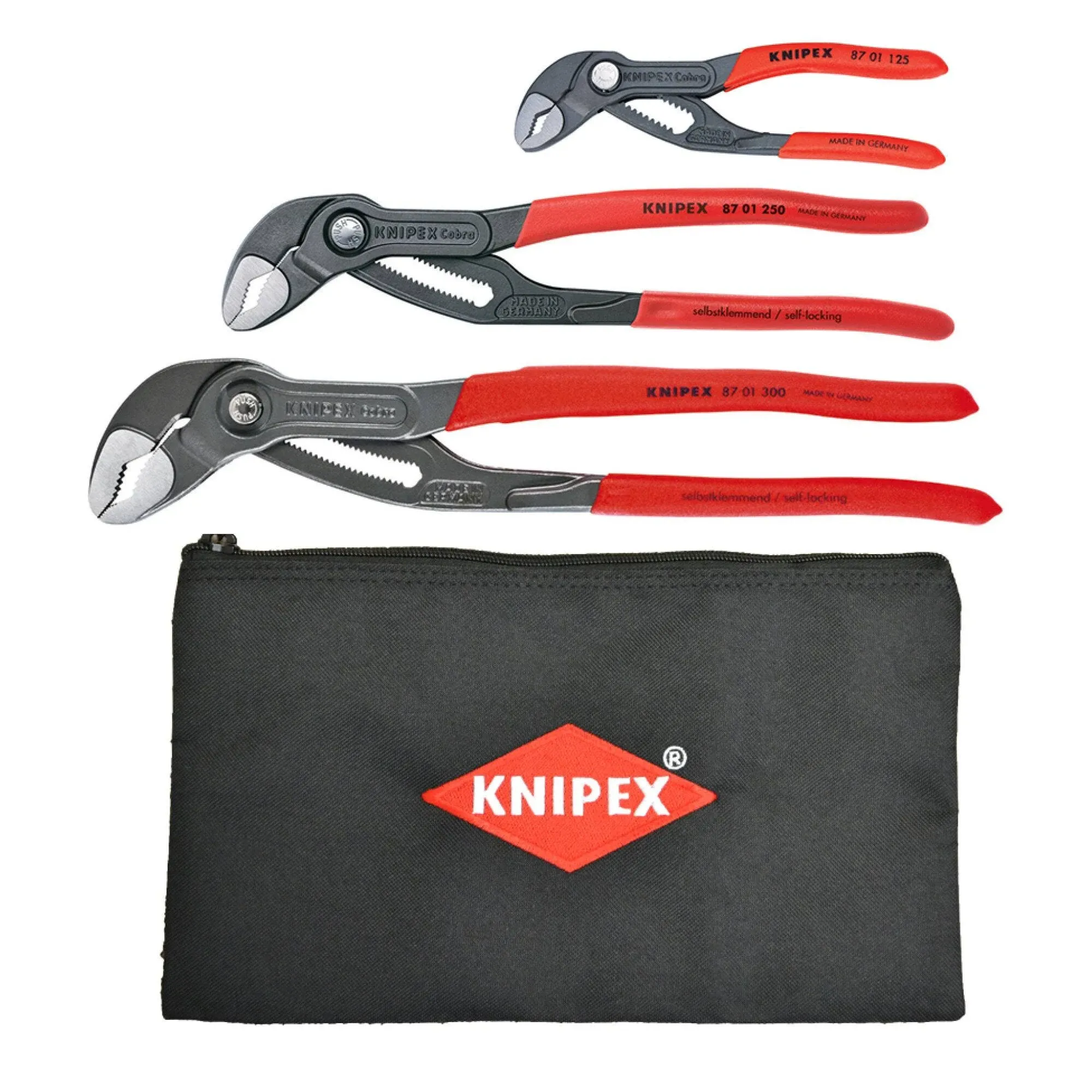 Knipex 9K 00 80 122 US 3 Pc Cobra Pliers Set w/ Keeper Pouch, 5&#034;, 10&#034; &amp; 12&#034;