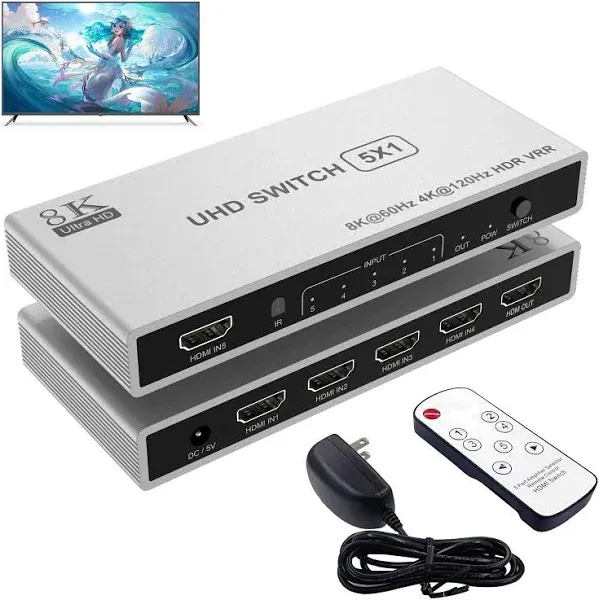 8K HDMI Switch 5 in 1 Out,5 Port HDMI 2.1 Switcher Selector with Remote Contr...