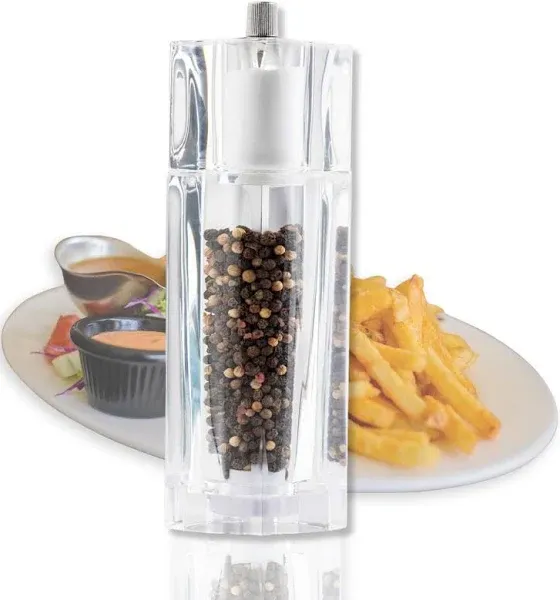 Tablecraft Salt Pepper Mill Grinder, 2 in 1 Square Clear Acrylic Combo Set, Grinding Seasoning and Spices, Commercial Foodservice and Restaurant Grade, 30 ml Shaker, 75 mil Grinder, Break Resistant