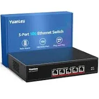 YuanLey 5 Port 10G Ethernet Switch, 5 x 10Gbps RJ45 Ports, Support 10G/5G/2.5G/1G/100Mbps Speed Auto-Negotiation, 100Gbps Switching Capacity, Unmanaged Switch Rackmountable, Plug and Play