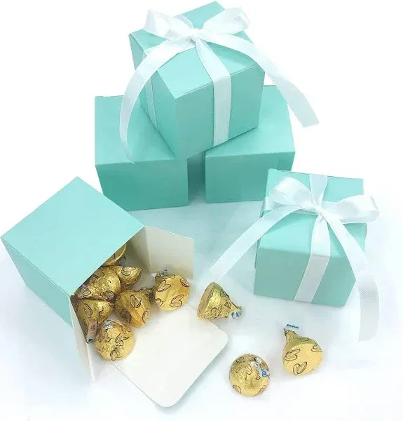 Small Cube Turquoise Candy Treat Boxes Bulk Teal Blue Gift Boxes Wedding Favors Baby Bridal Shower Birthday Party Boxes Supplies, 50pc (Aqua Blue)