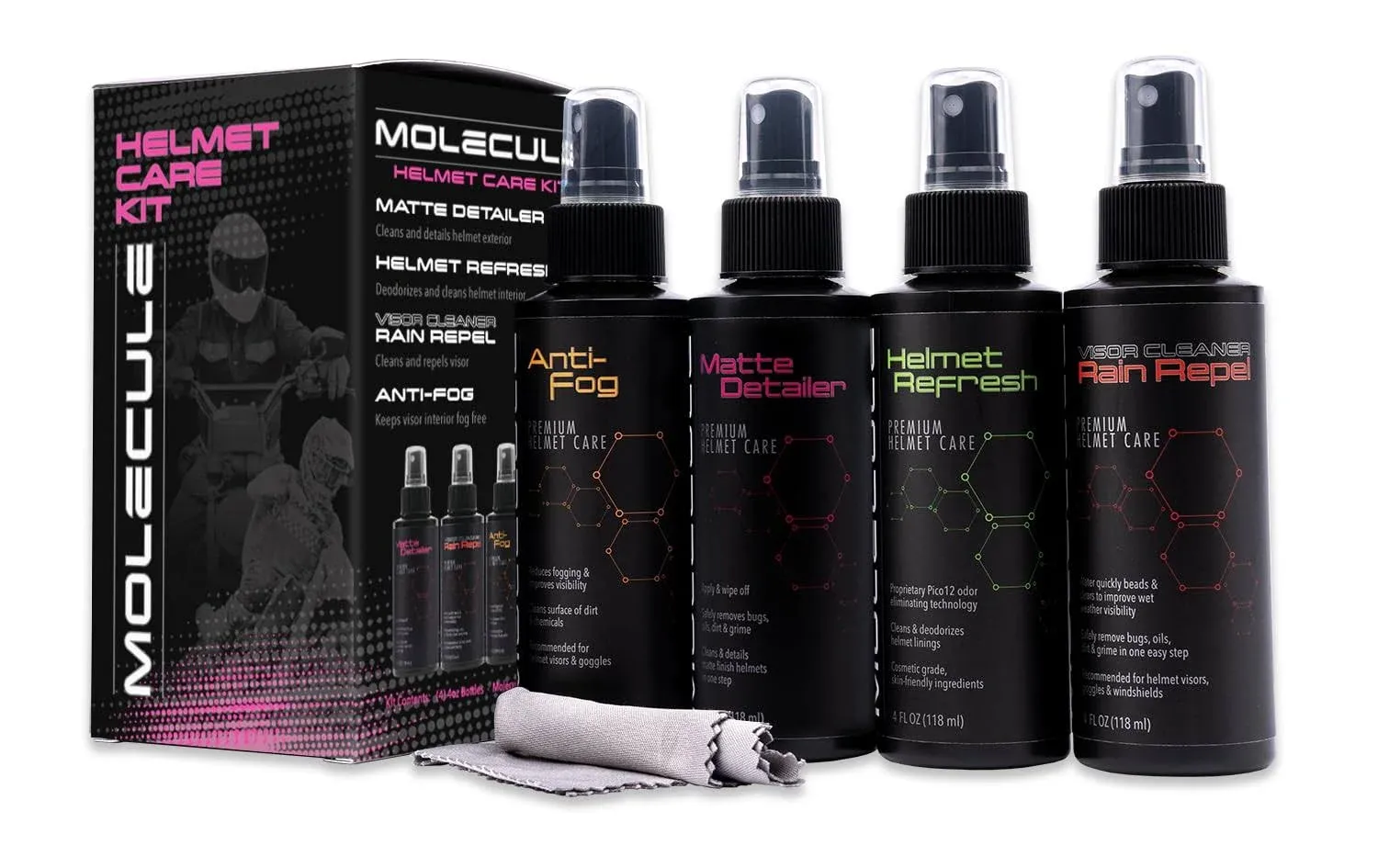 Molecule Premium Helmet Care Kit, Includes Anti-Fog, Cleaner Polish, Helmet Refresh, and Rain Repel, for Helmets, VISORS, and Goggles, Cleans and Deta