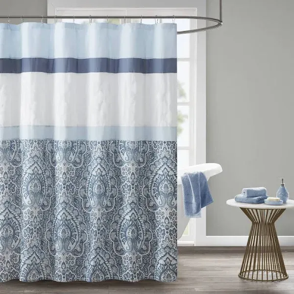 Shower Curtain, Geometric Textured Embroidery Design with Built-In Liner, Modern