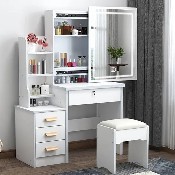 Vanity Desk with Mirror and Lights, 3 Lighting Modes, European Style Dressing Table with Drawers, with Open Storage Shelves,Makeup Vanity Table for Bedroom,Gifts for Girls and Women, White